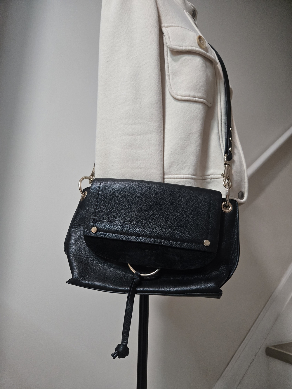 Mint Velvet Women’s Black Leather Suede  Crossbody Bag with Gold Accents